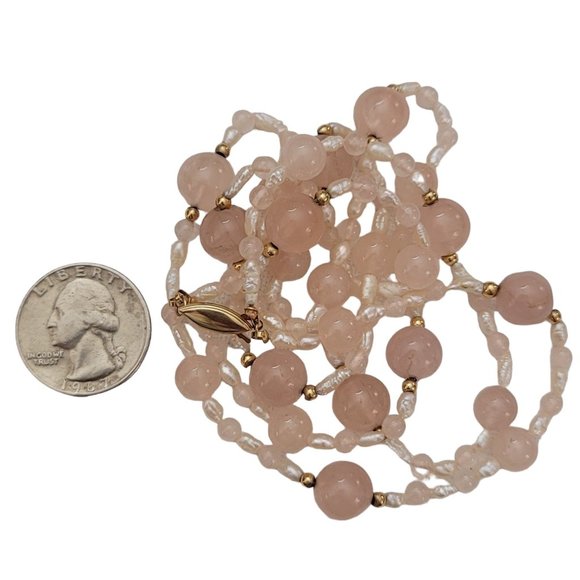 14K Yellow Gold Rose Quart, Rice Pearl Double Strand Necklace, 17" Long K794 - Picture 6 of 8